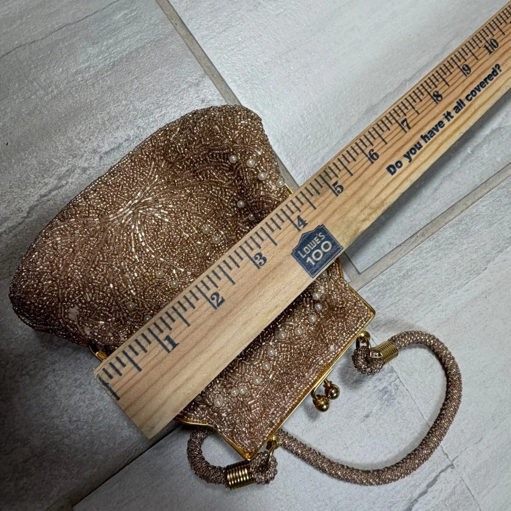 Vintage Beaded Evening Bag Champagne Gold Faux Pearl Kiss Lock Clutch Purse